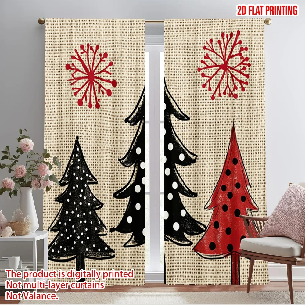 

2pcs,2D plane printing Curtain Popular Christmas Trees Snowflakes Red Black (2) Versatile Fabric (without rod) Gifts for Living