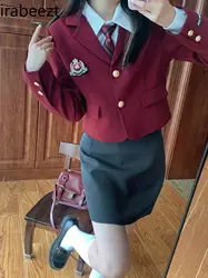 High Quality School Style Korean Uniform Burgundy Suit Jacket White Slimming Shirt and Skirt Casual Women 3 Pieces Set