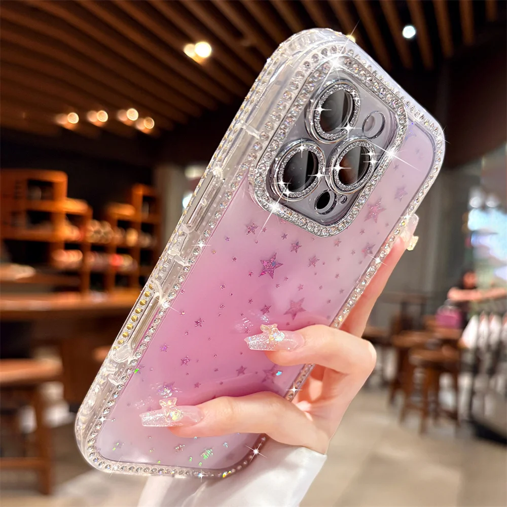 بريق حجر الراين التدرج لون الحلوى واضح قضية الهاتف آيفون 17 16 15 14 13 12 برو ماكس كاميرا حماية غطاء لامع