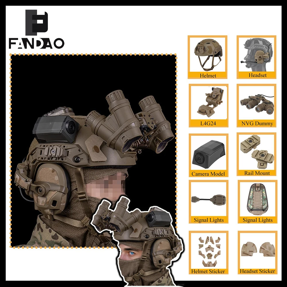

Tactical Fast Helmet Set with Headset High Cut Helmet Signal Light Panoramic flip NVG Model Camera Model for CS Paintball Game