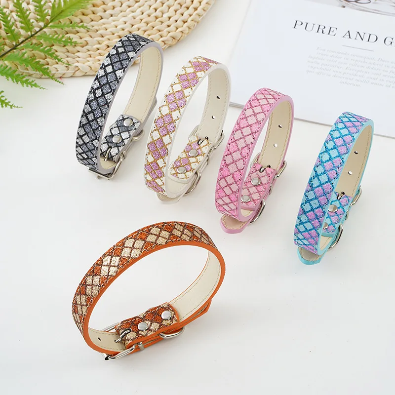 Pet Collar Lattice Sequins Luminous PU Leather Cat Collar Dog Collar Fashion Adjustable Pet Supplies Pet Accessories Dog Leash