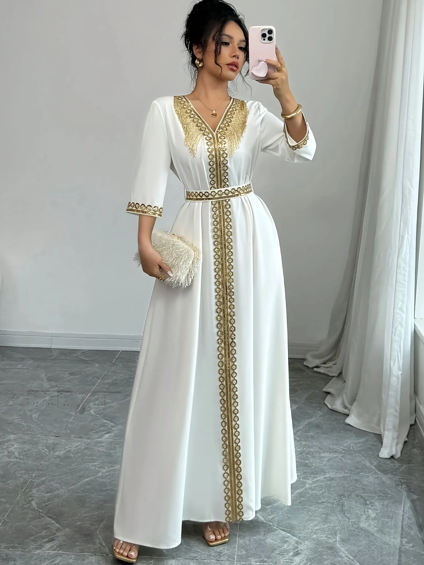 

Spring Women's Clothing Kaftan Abaya Dress For Woman Elegant V Neck Three Quarter Sleeve Maxi Dress Polyester Loose Fit Flowy