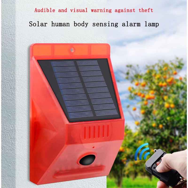 Lampu Alarm sensor tubuh manusia gerakan inframerah lampu peringatan Visual terhadap Maling Solar + DC pengisian daya ganda IP65 tahan hujan