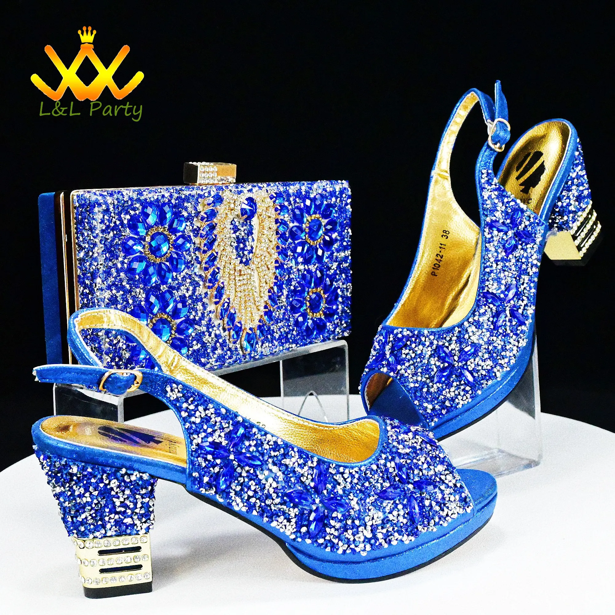 Blue Color Fashion New Arrivals 2024 Spring Summer Design Italian Women Shoes Matching Bag Set with Shinning Crystal for Party