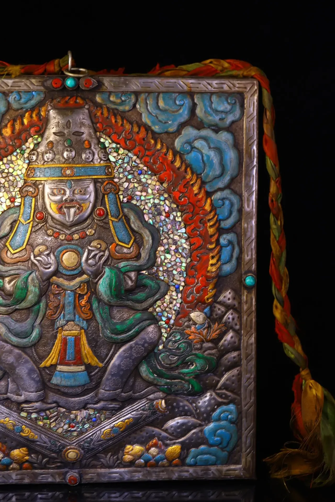 

17"Tibetan Temple Collection Old Tiantie Painted Cinnabar Mosaic Gem Shell Zakiram Buddha Tangka Worship Hall Wall hanging