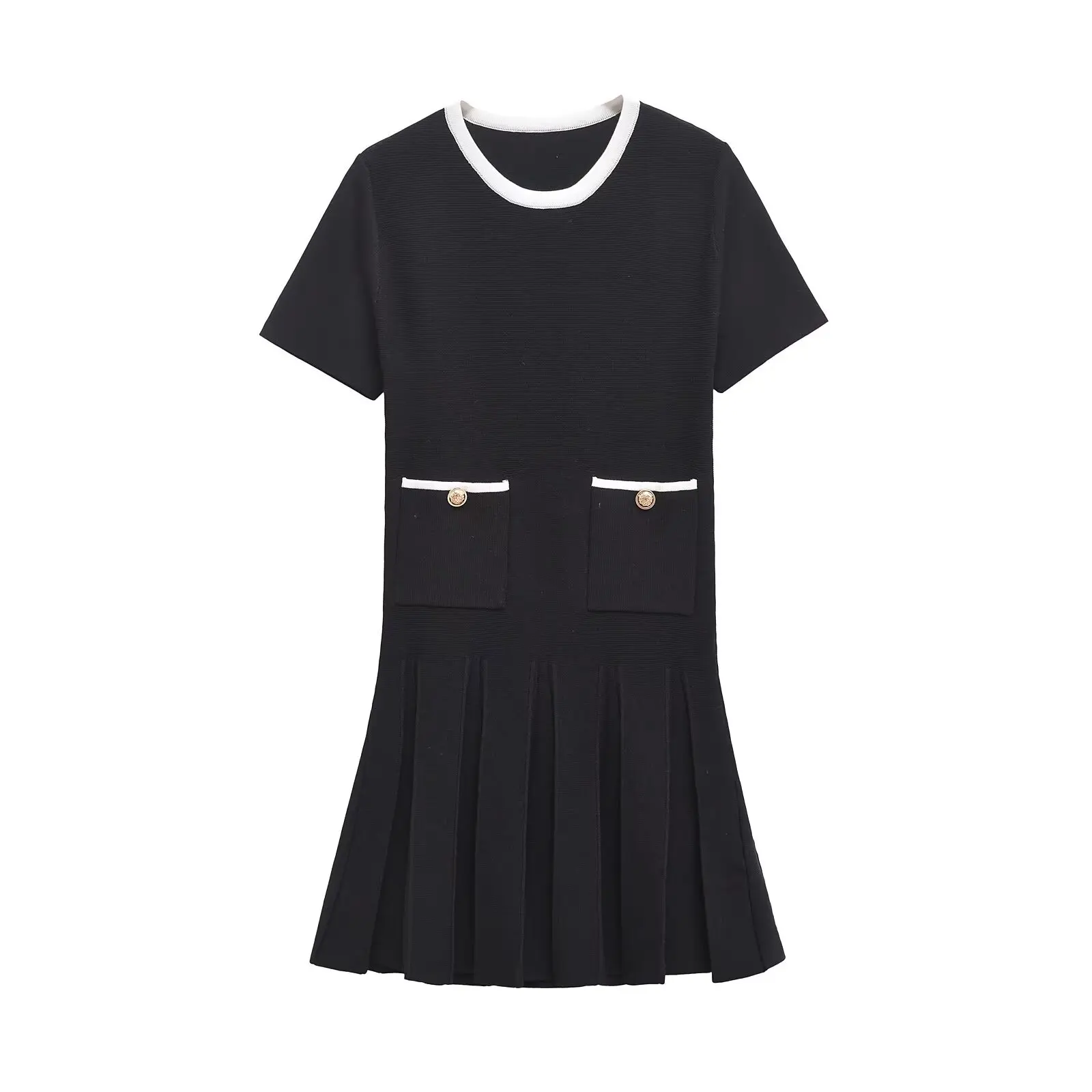 TRAF Women 2024 Winter New Fashion Lazy Style Knitted dress All Match Round Neck Pleated Skirt Short Sleeve Mini Skirt Mujer