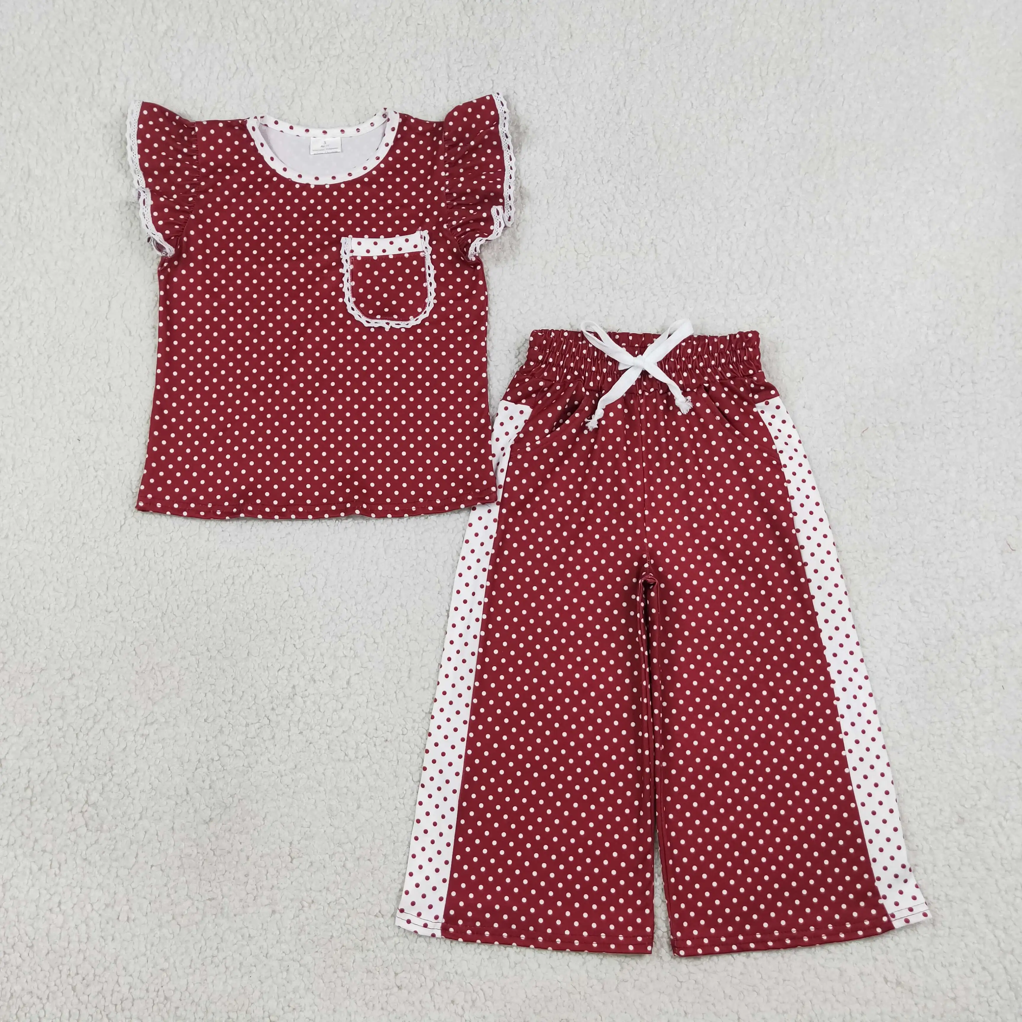Wholesale Children Toddler Outfit Baby Girl Short Sleeves Pocket Shirt Kids Dots Red Pants Girls Spring Fall Clothing