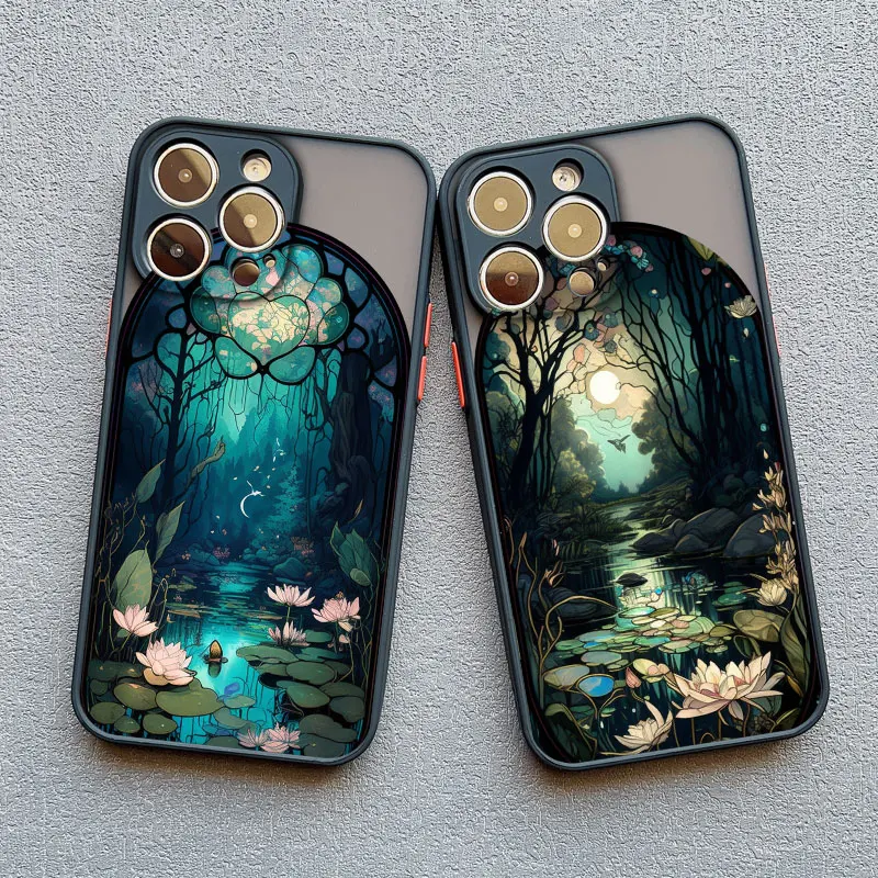 Chinese style Lotus Flower Pond Phone Case For Iphone 14 Pro 15 Pro Max Plus 11 12 13 Mini Pro Max XR XS X 7 8 Plus Cover Fundas