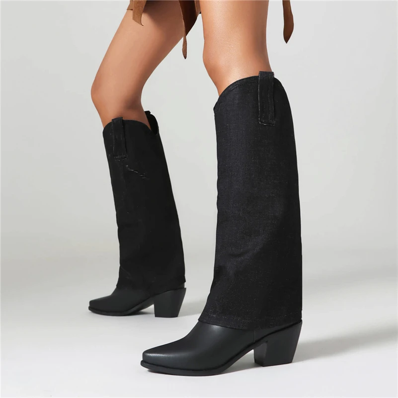 FOREADA-Botas largas hasta la rodilla para mujer, botines de Gogo con punta puntiaguda, tacones altos gruesos, botas de vaquera occidentales, zapatos de moda para mujer, Invierno 46