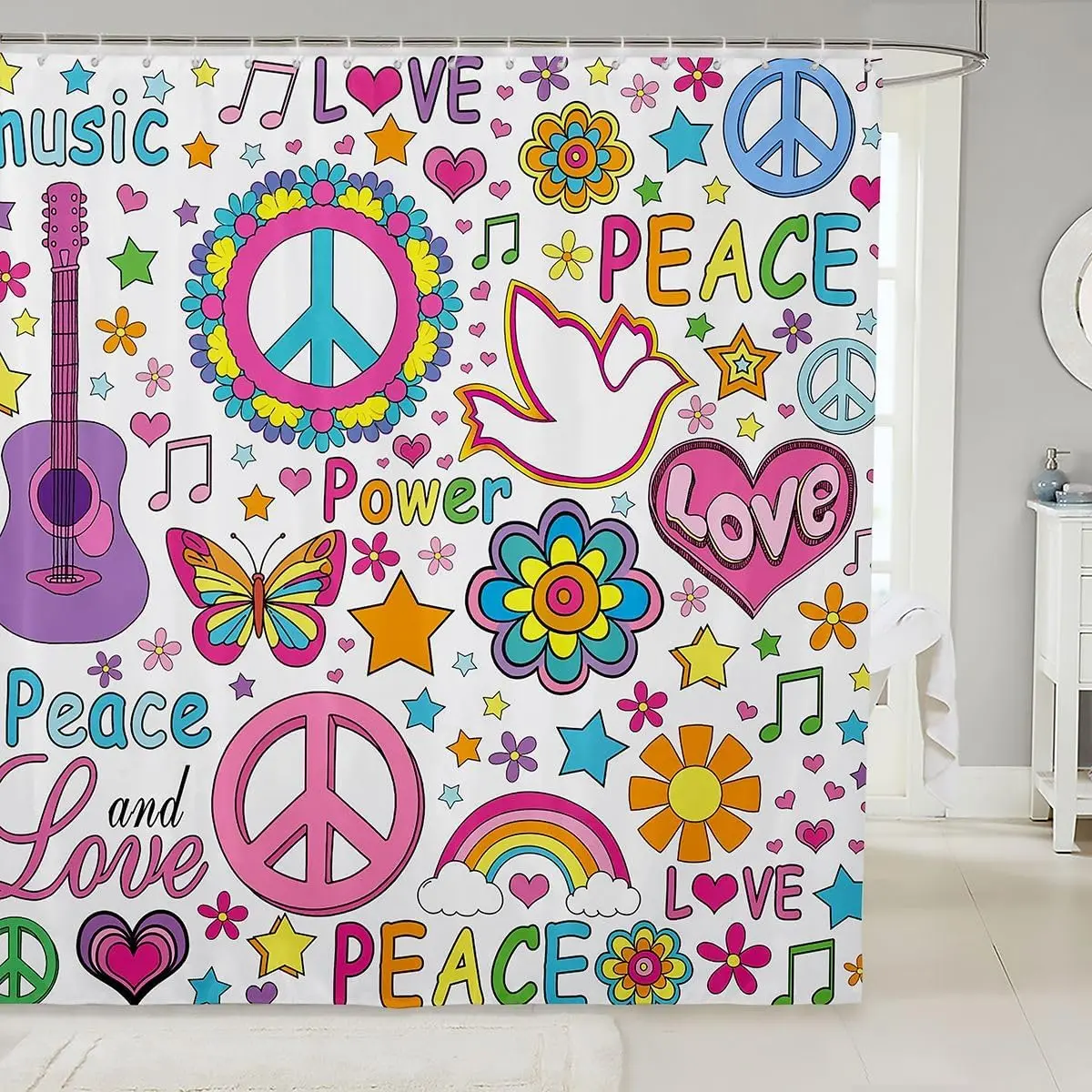 60s 70s Hippie Groovy Shower Curtain, Peace Sign Flower Power Retro Disco Rural Waterproof Bathroom Decor Curtain With Hooks