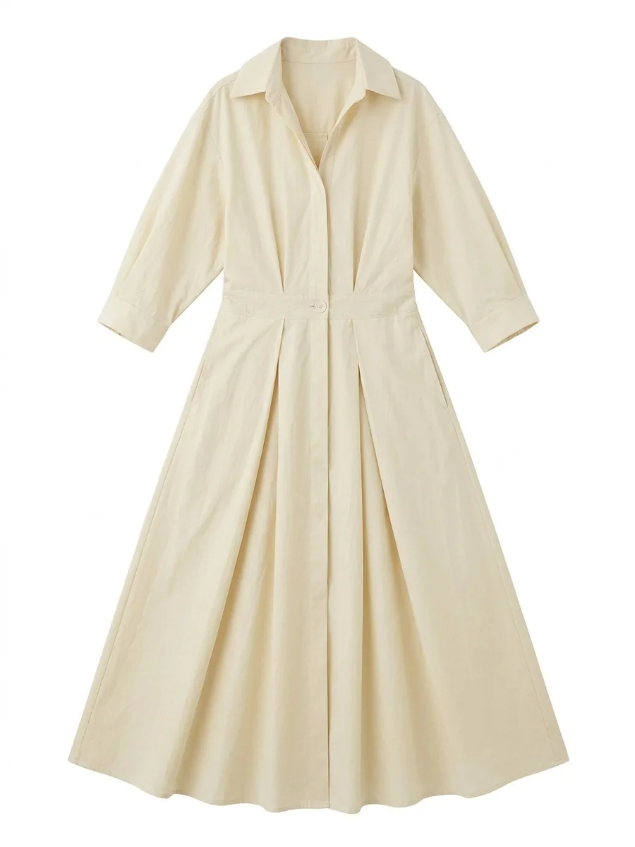 Freeacy Summer Minimalist Solid Color Shirt Dress for Women Lapel Collar High Waist A-line Pleated Dress Casual Office Dresses