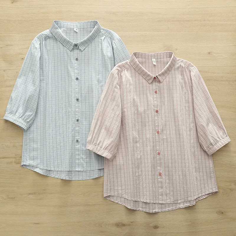 

Japanese Sweet Mori Girl Vintage Plaid Cotton Yarn Shirts Women Summer Turn Down Collar Half Sleeve Casual Loose Blouse Tops