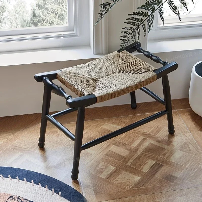 medieval straw rope small square stool, rattan shoe changing stool, entrance entrance