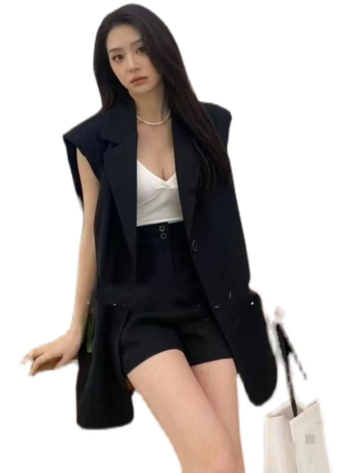 

oulder Padded Svel Suit Vest Women's Loose High Waist Wide Leg ort Pants Set Faionable Versatile Cotton Blend Sum...