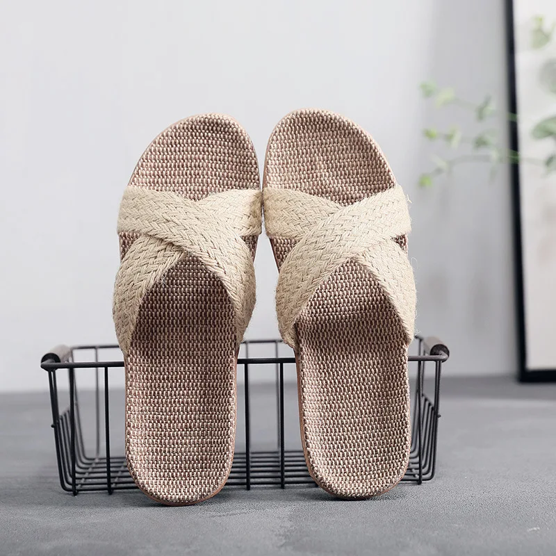 Summer Crossed Flax Slippers Men Home Linen Slipper Flat Beach Sandals Comfortable Indoor Casual Straw Slippers Pantuflas Hombre