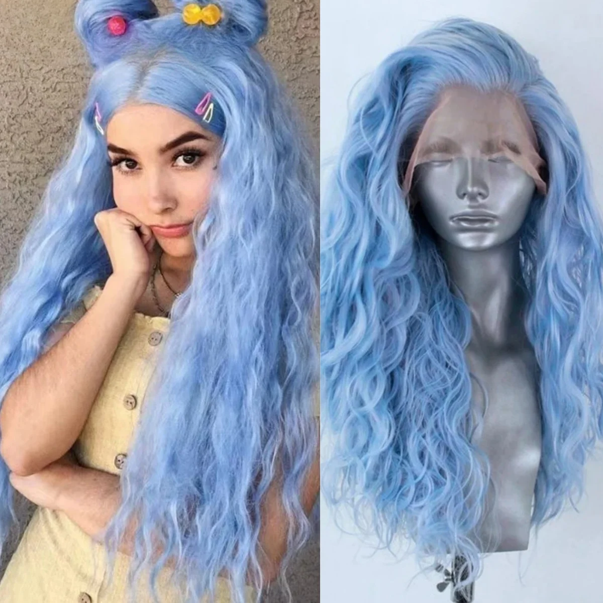 

Light Blue Wig Loose Deep Wave Lace Frontal Wigs 13x4 HD Synthetic High Quality For White Women Pre Plucked Daily Party Wear
