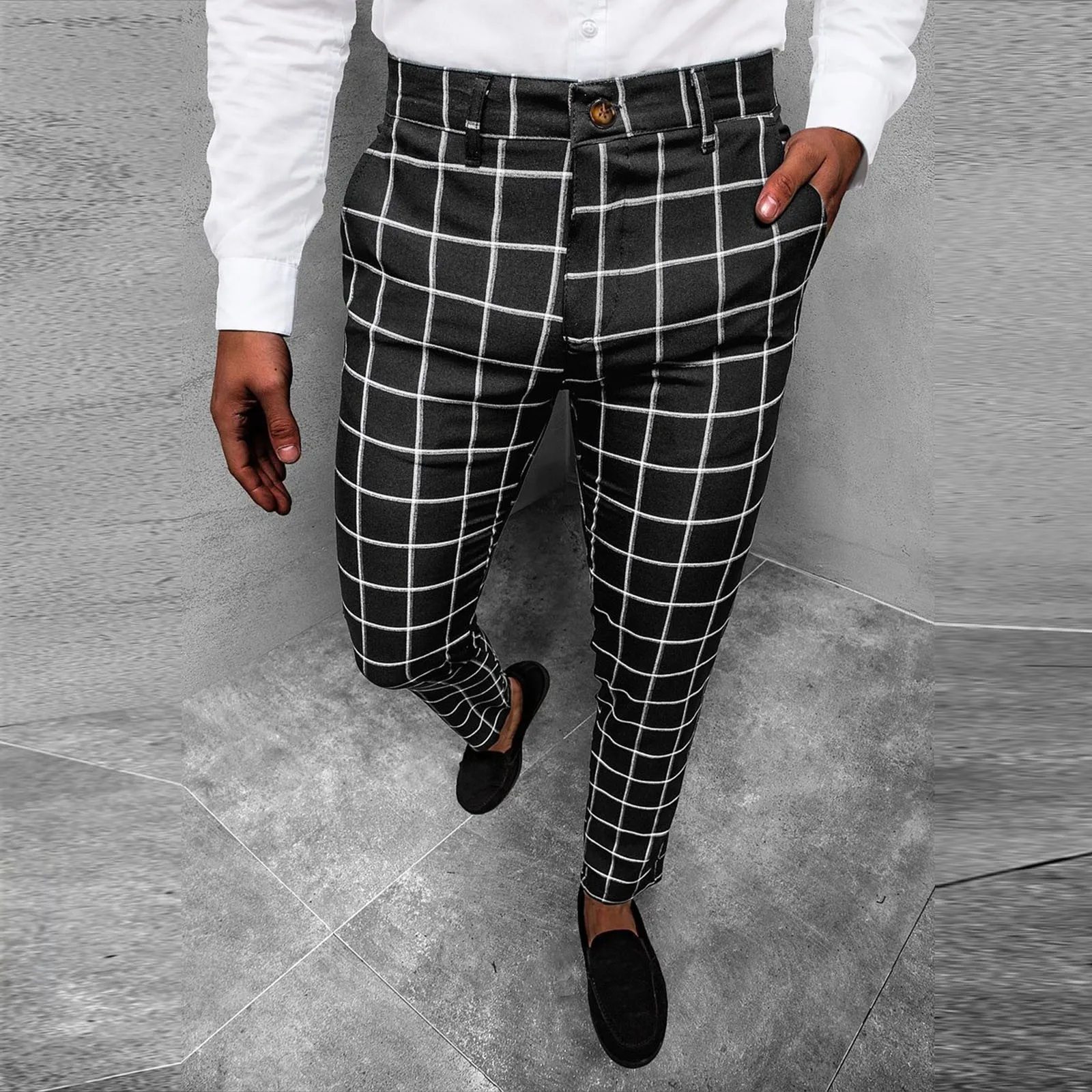 

Casual Fashion Men's Pants Plaid Polka Dot Pattern Pants Button Slim Thin High Waist Jogger Casual Trousers Suit Pants 4