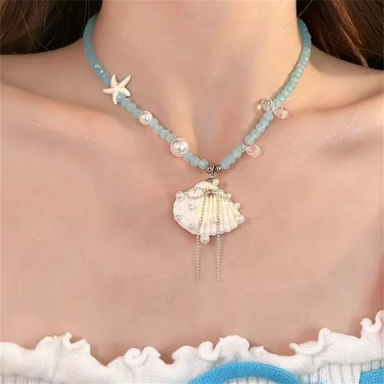 Einzigartige Seestern-Seil-Halsketten für Frauen, Muschel-Imitationsperlen-Schleifen-Quasten-Halsketten, zarter, süßer Sommerschmuck als Geschenk – Detail 5