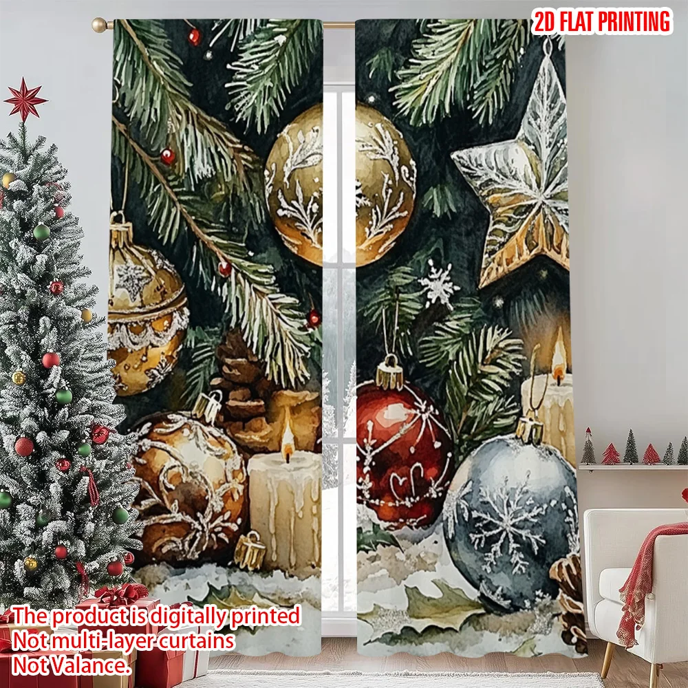 

2pcs 2D flat printing Merry Christmas Scene Curtains Creative Christmas Dream Versatile Polyester Fabric Without Electricity