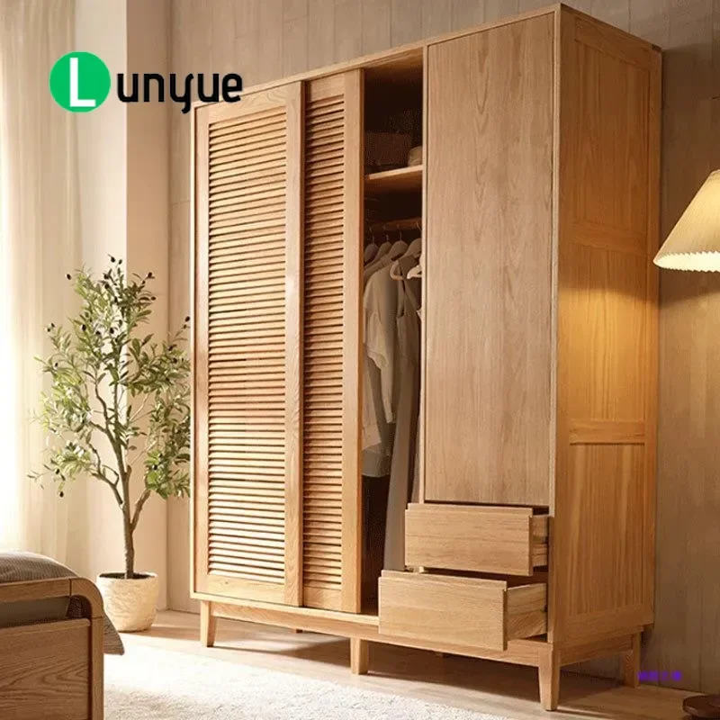 Nordic Solid Wood Oak 3 Door Wardrobe Modern Bedroom Black Walnut Cherry Sliding Door Storage Cabinet Large Capacity