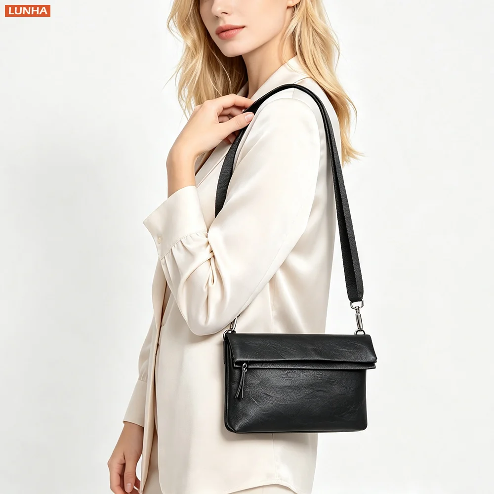 Women Genuine Leather Zip Crossbody Bag Black Minimalist Phone Sling Purse with Adjustable Strap Small Lightweight Travel Pouch