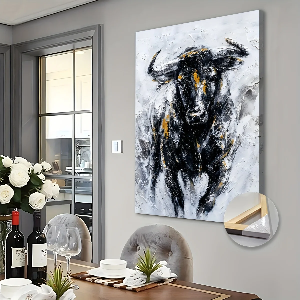 1PC Oversized Modern Abstract Cow Canvas Wall Art Wooden Frame Living Room Bedroom Home Office Wall Art Decoration Hangable