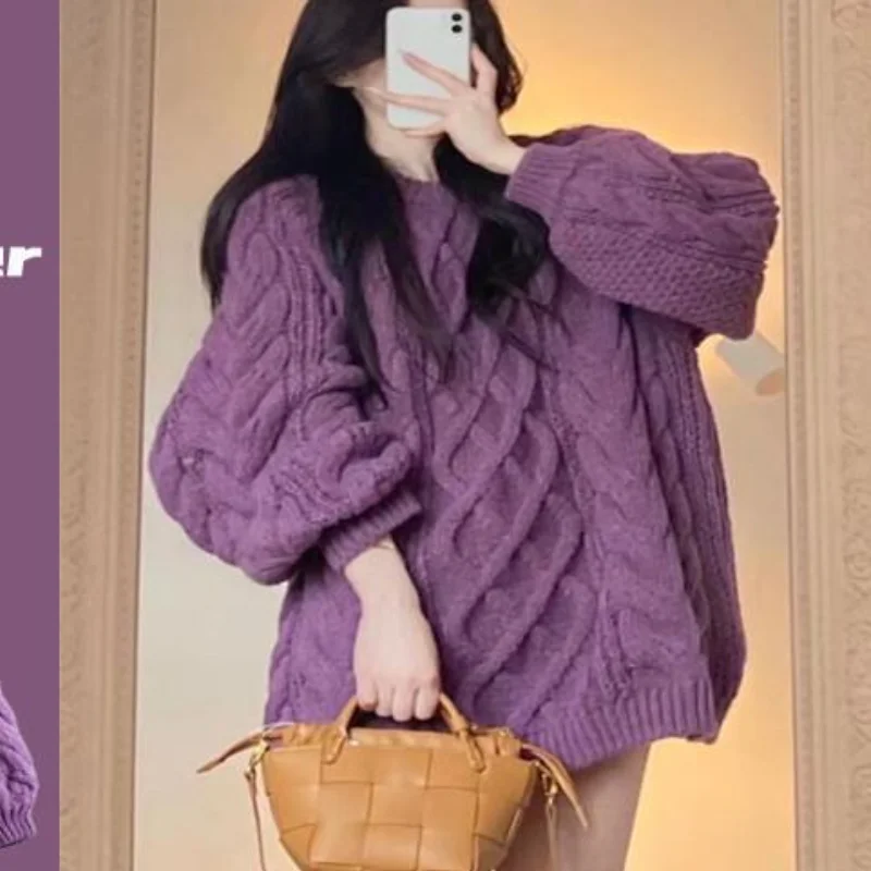 Delikatny sweter dla niskich kobiet, idealny na jesień i zimę 2025, nowy, luksusowy, luźny i swobodny top z okrągłym dekoltem, hit.
