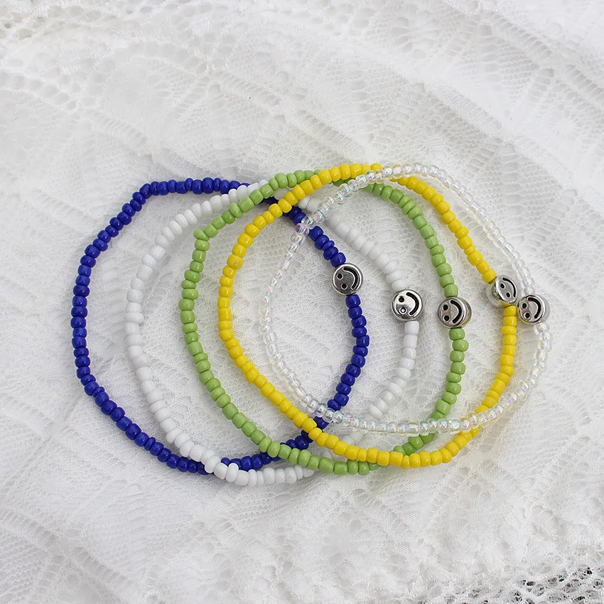 Smile Face Bracelets For Women Bohemian Colorful  Seed Beaded Strand  On Hand   Summer  Femme Charm Bracelet Jewelry