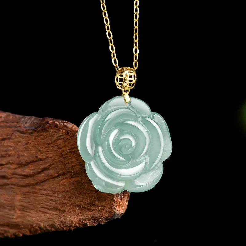 

Burmese Jadeite Rose Pendant Amulet Jade 925 Silver Flower Talismans Real Gemstone Blue Vintage Emerald Charm Necklace Natural