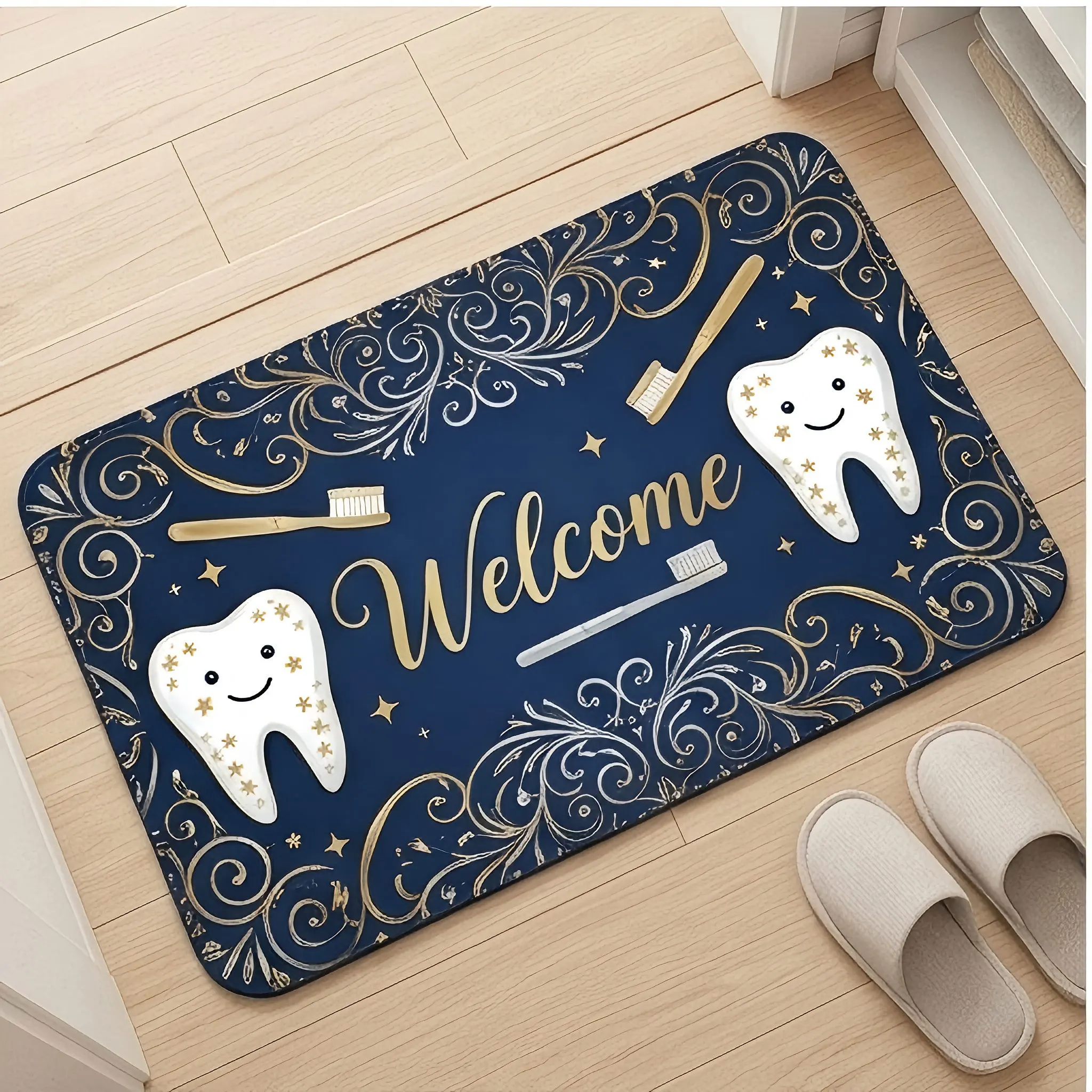 Navy Gold Tooth Welcome luxury pattern Doormat dental office rug stylish floor mat for indoor entrance and home decor