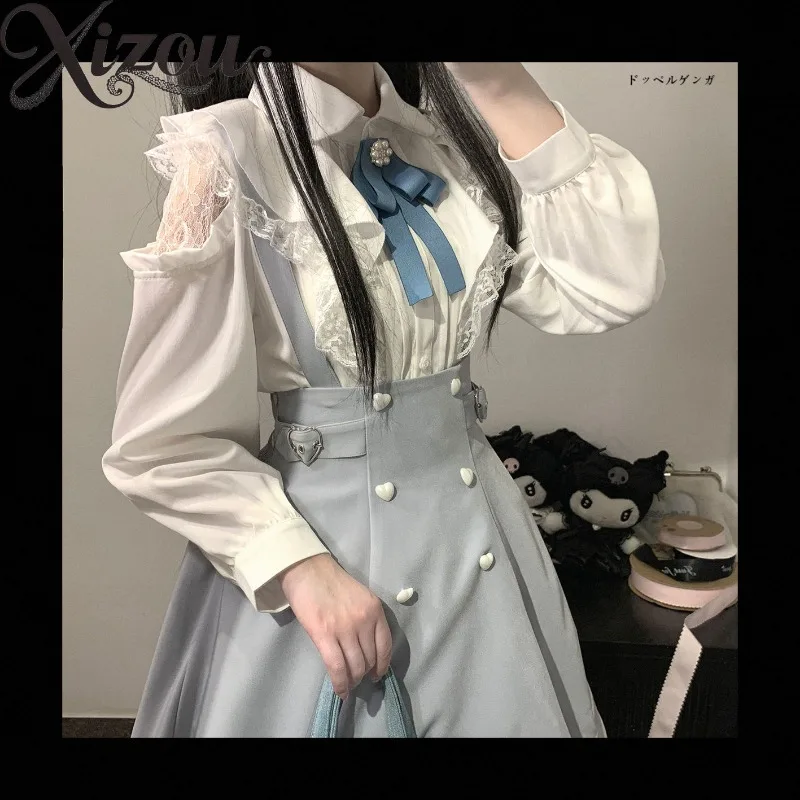 Lindo agradable arco encaje hueco fuera del hombro camisa Lolita Color sólido Casual Tops para Mujer primavera otoño Blusas de manga larga Mujer