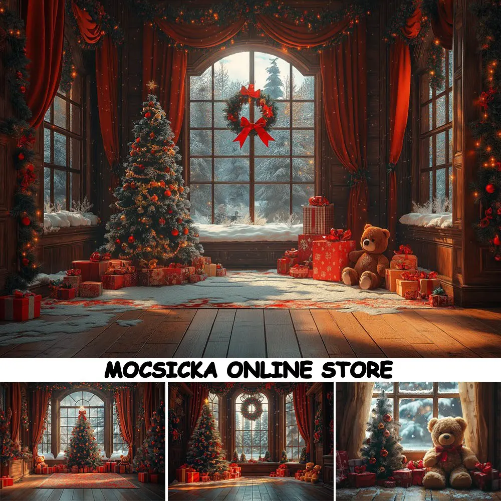 Mocsicka Christmas Photography Background Interior Xmas Tree Bear Gift Box Snow Scene Window Children Photo Backdrop Shoot Props