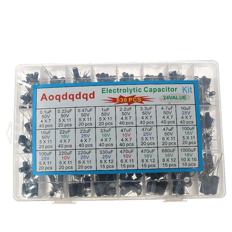 Caixa De Amostra De Capacitores Eletrolíticos, Kit De Conjunto, 0,1 UF-1000UF, 24 Tipos, 630Pcs