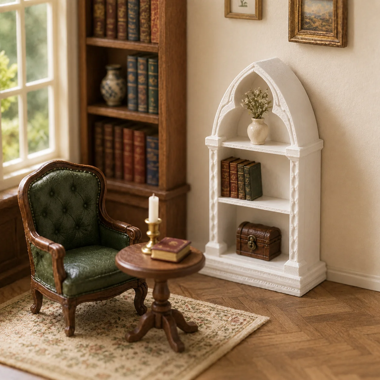 Miniature gourd-shaped arched bookshelf, dollhouse miniature study and library scene decoration,collector's item for enthusiasts