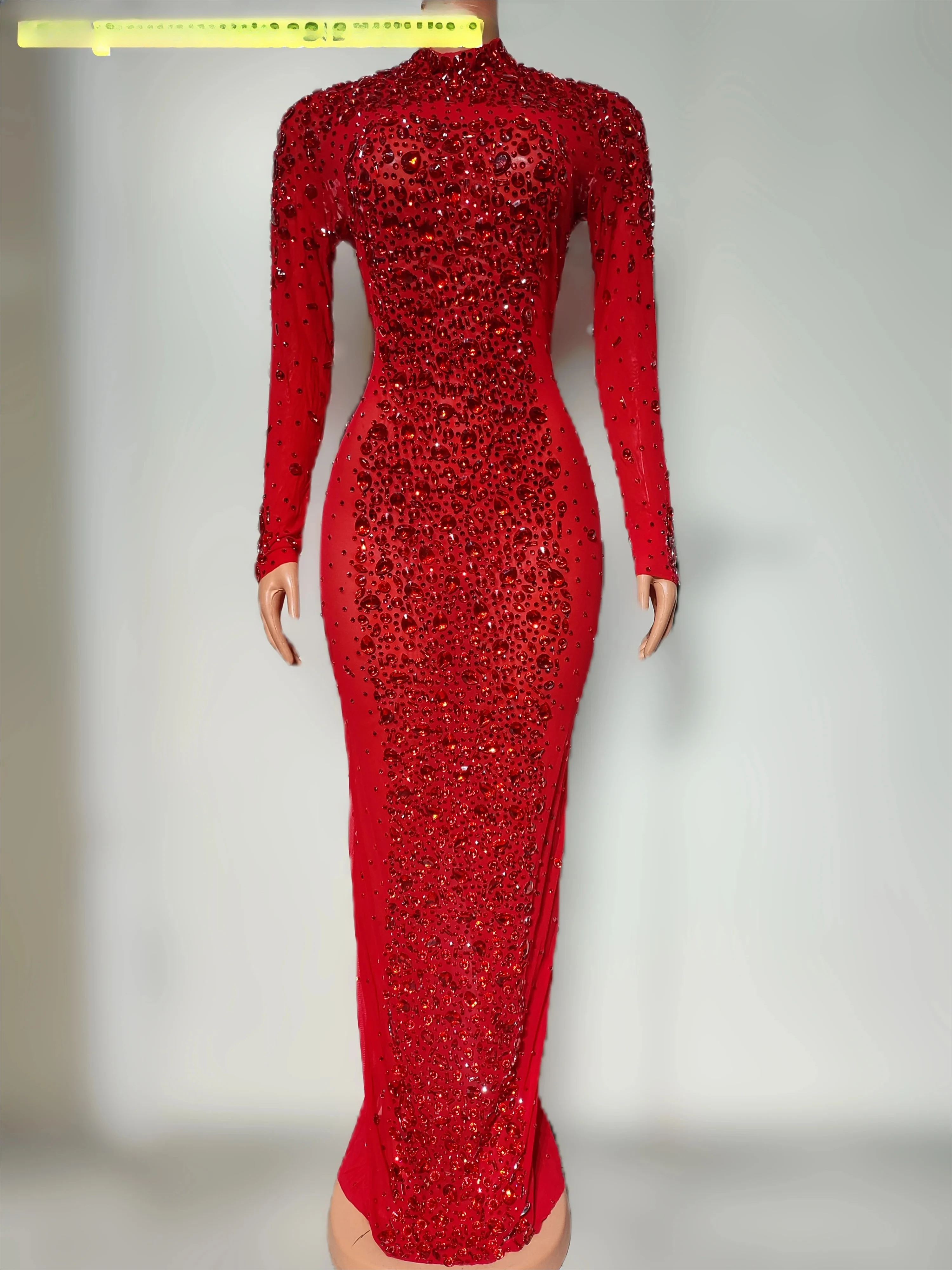 메쉬 생일 축하 이브닝웨어 여성 가수 쇼 시스루 의상 섹시한 진주 스톤 미러 롱 드레스