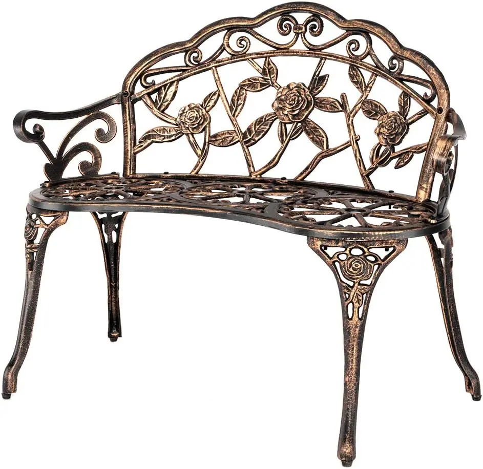 

38.5" Patio Park Garden Outdoor Metal Rose Bench,Cast Iron Cast Aluminium Frame Antique Finish Chair,Accented Lawn Front Porch P