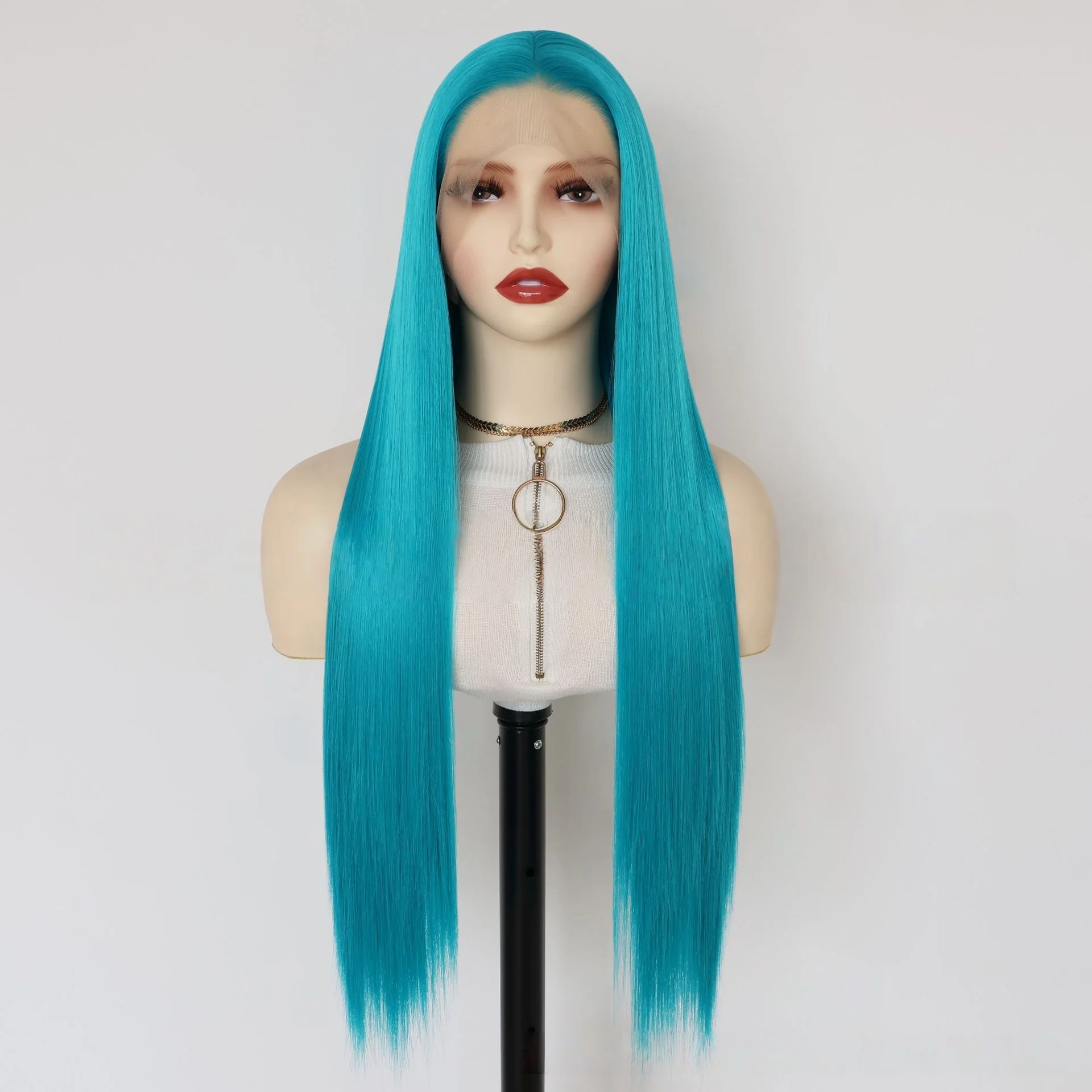 Wig Renda Depan Biru 13*4 HD Rambut Lurus Panjang untuk Wanita 26 Inci Wig Frontal Renda Sintetis Alami untuk Cosplay Hatsune Miku