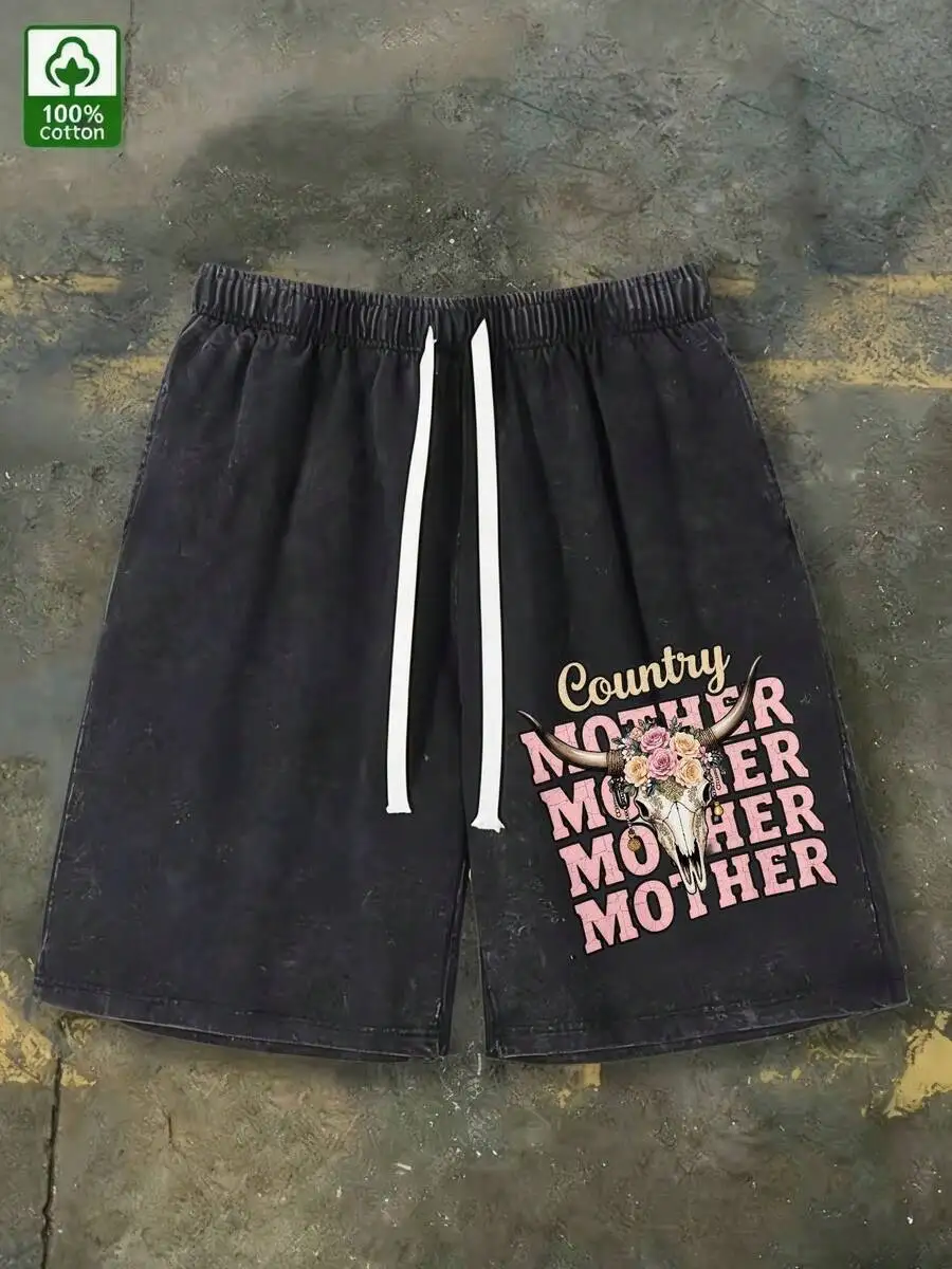 Men's Black Vintage Washed Cotton Shorts, "Country Mother" Cow Skull & Floral Print Elastic Waist Drawstring Western Casual