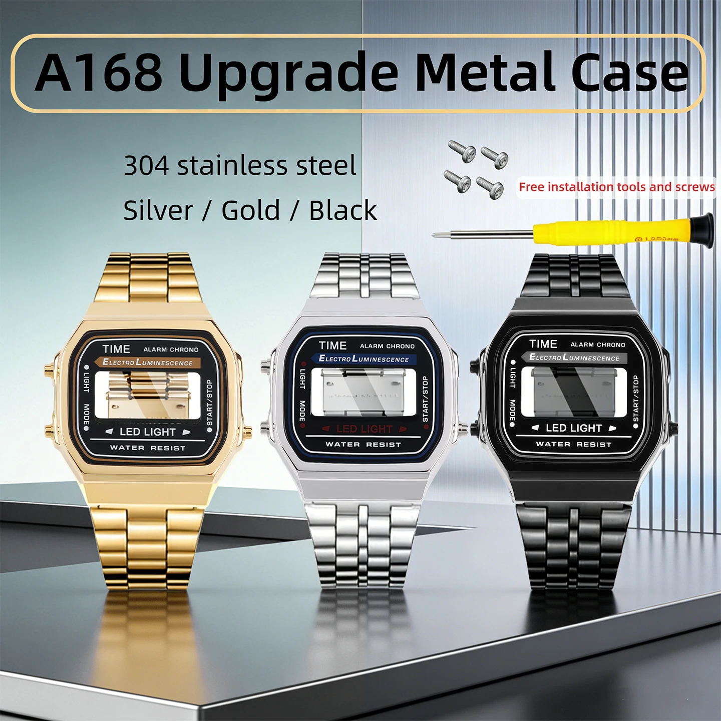 Caja Metálica Modificada A168 para Casio A-168, Bisel de Acero Inoxidable 304L, Plateado/Dorado/Negro, Kit de Modificación A168, Tornillos, Cristal Mineral