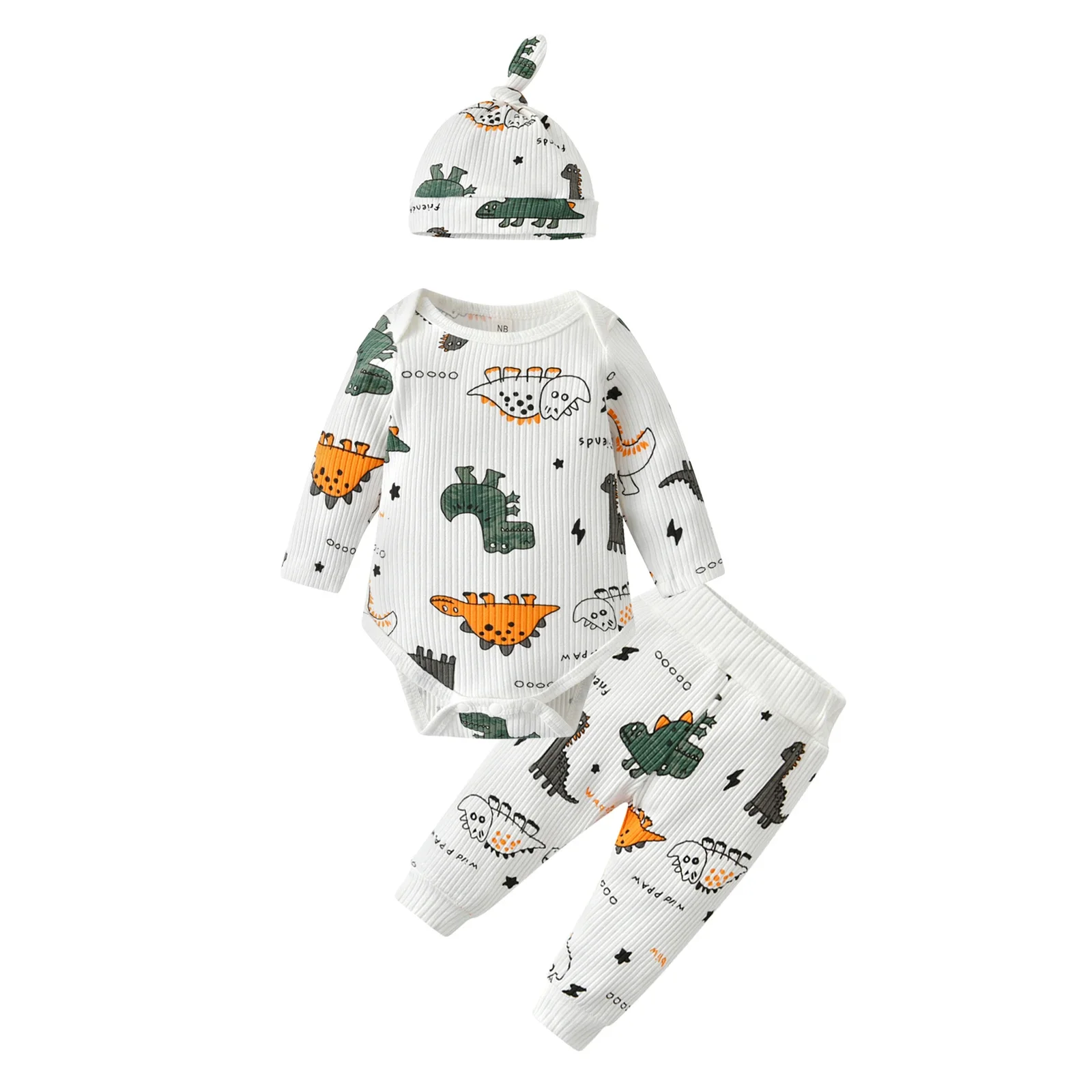 3PCS Baby Boy Clothes Set Dinosaur Printed Knitted Long Sleeve Romper Top + infant Pants + Hat Spring Autumn Newborns Outfit