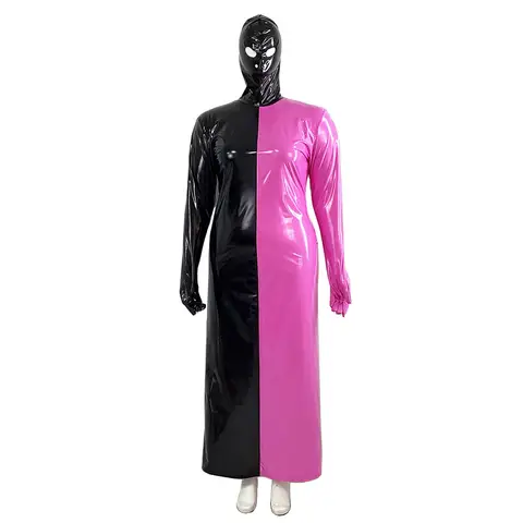 Rave Party Long Hooded Dress Unisex Wet PVC Leather Gloved Sleeve Patchwork Dress Exotic Lockable Maxi Dress Plus Size Clubwear