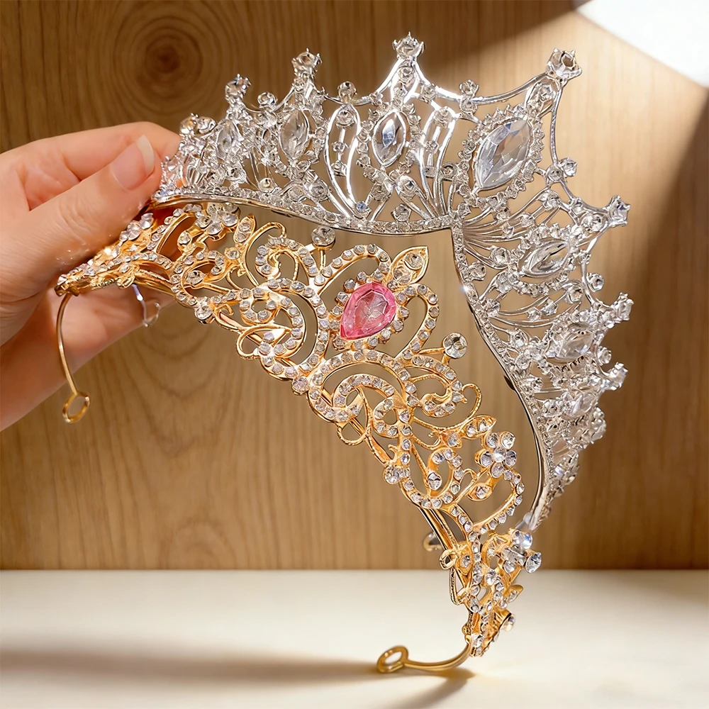 2pcs Luxury Diamond Double Crown Set Gold Silver Dual Color Hair Crown Banquet Bridal Headwear Ball Princess Style Accessories