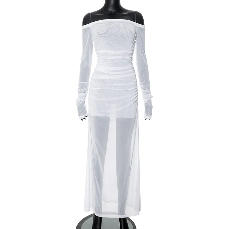 Elegant Slash Neck Long Sleeve Mesh Dress 2024 Sexy Female See Through High Waist Folds Slim Fit Long Dresses White Black