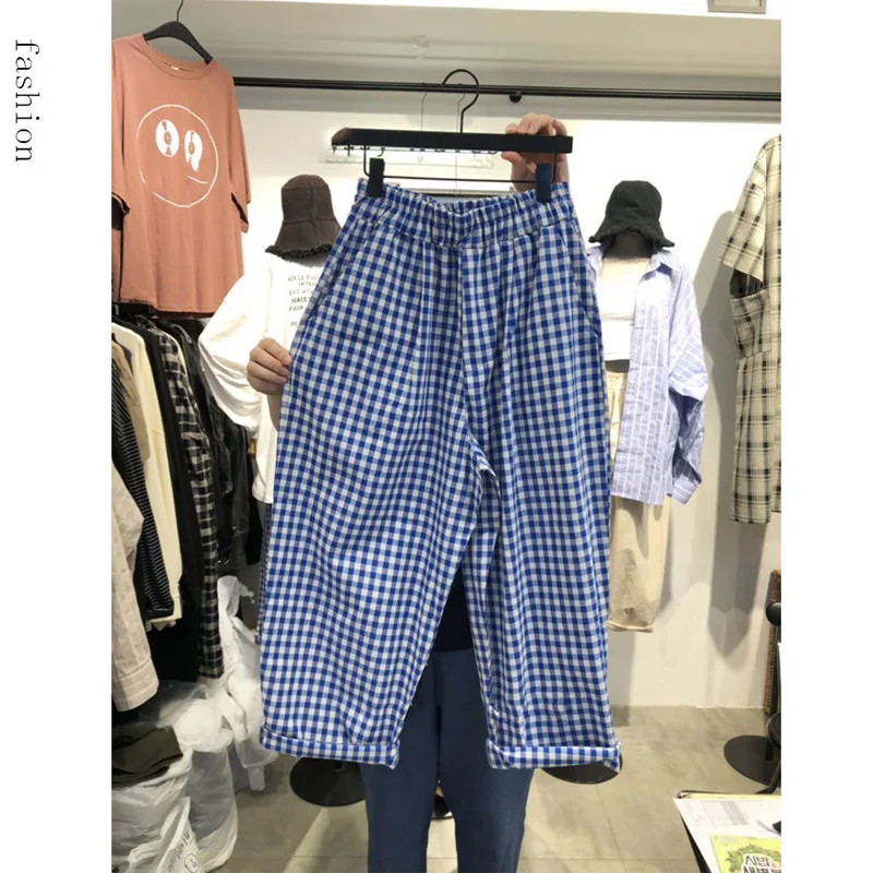 Summer New Plaid All-match Cropped Pants Elastic Waist Pockets Loose Wide Leg Casual Pant Fashion Vintage Women Clothing