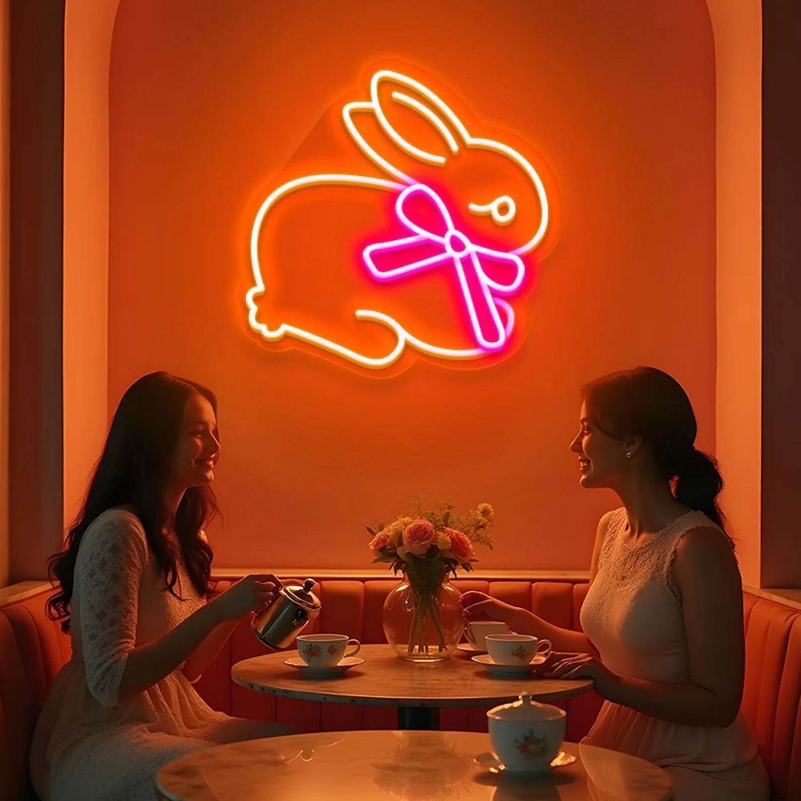 Bunny with Bow Neon Sign for Bedroom Decor Wall Led Neon Sign Backdrop Flex Bar Wedding Living Room Shop Store Gifts