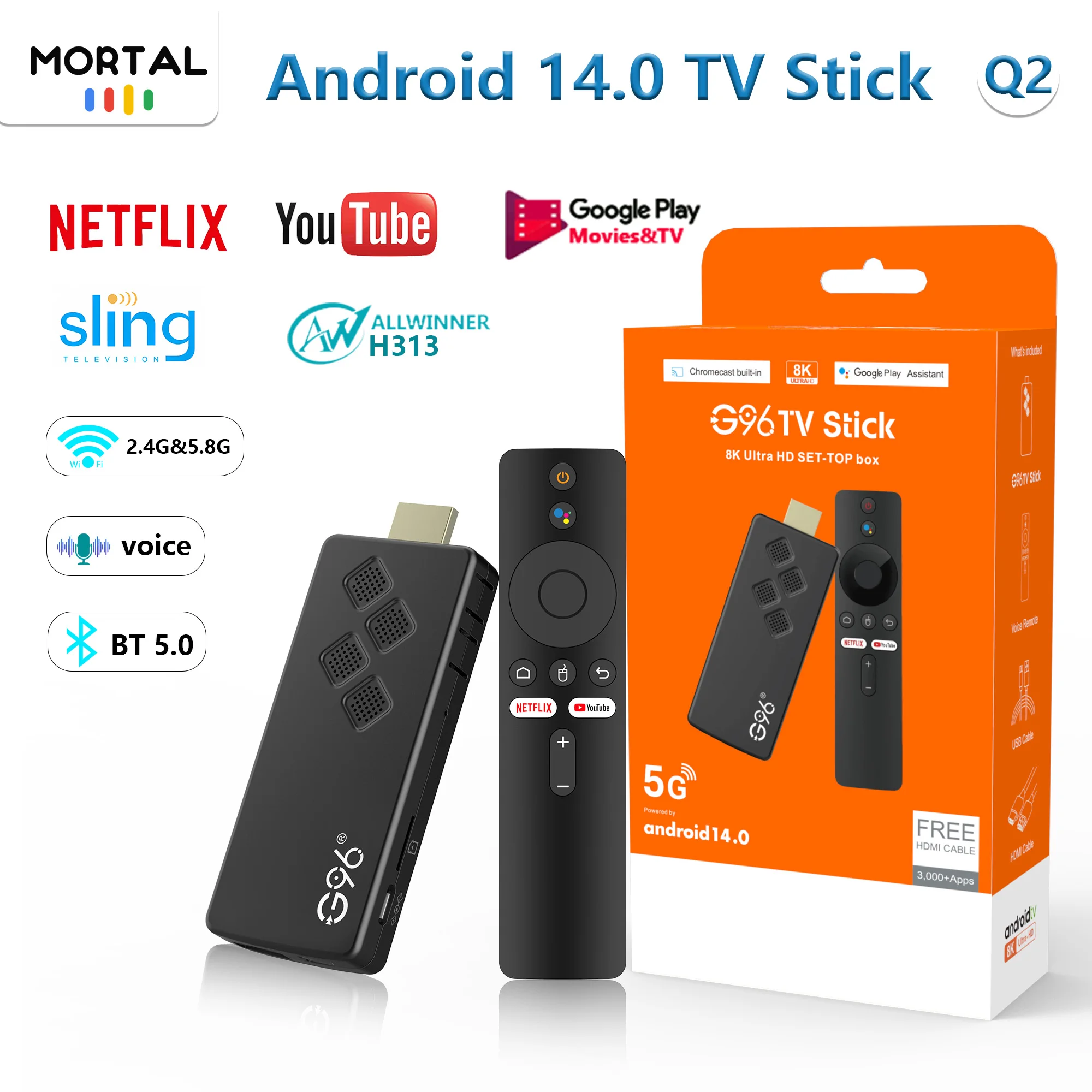 TV Stick Mortal Q2 Android 14 de 5 V/2 A con control remoto por voz, video 8K 4K, Bluetooth 5.0, wifi 6, Netflix, YouTube, transmisión rápida vs. Fire TV Stick