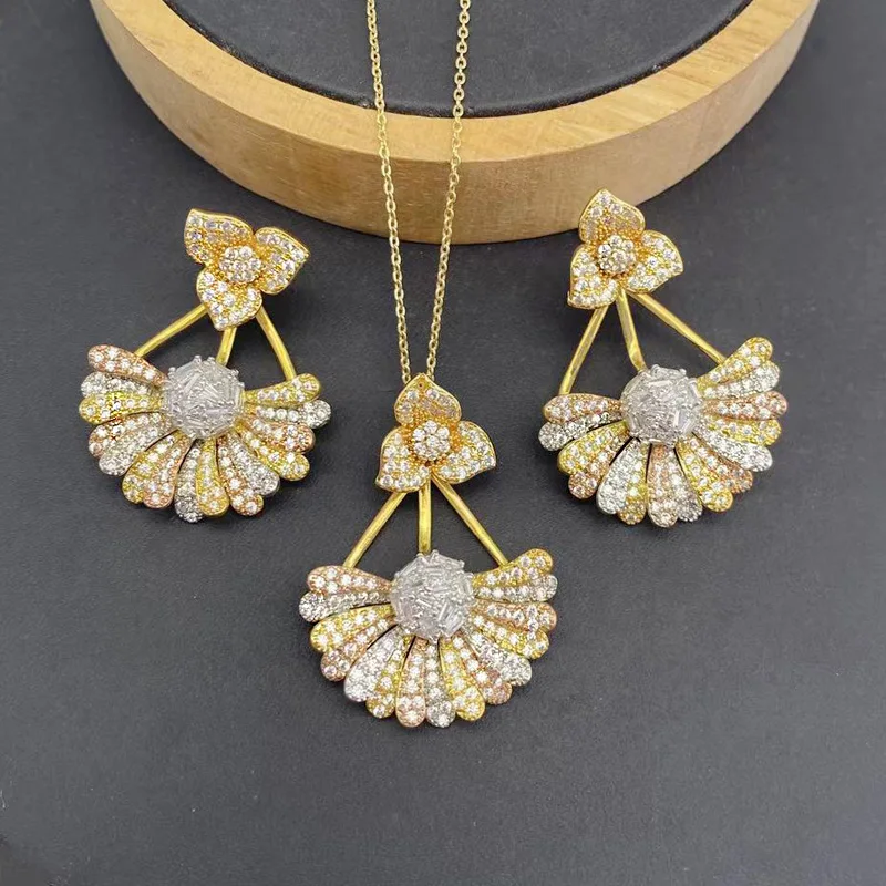 Vanifin Necklace with Earrings Exquisite Chrysanthemum Micro Inlay Zirconia For Woman Banquet Luxury Jewelry Best Gift