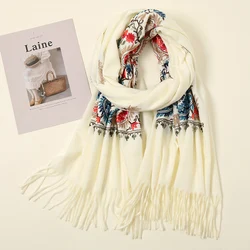 Embroidery Cashmere Scarfs Women Winter Tippert Flower Pashmina for Women Winter Warm Shawl Tassels Vintage Scarves for Ladies