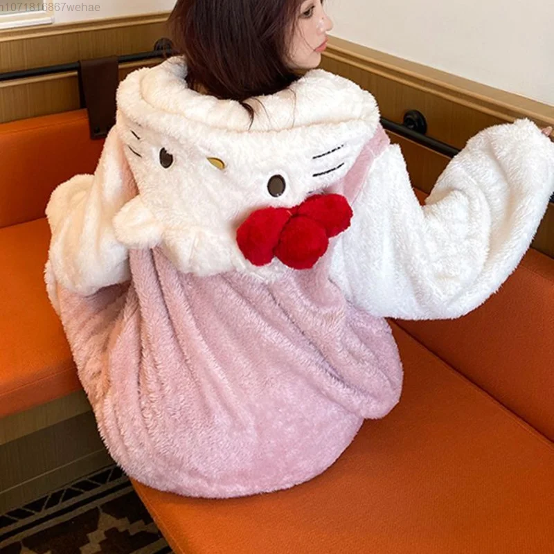 Sanrio Hello Kitty Cinnamoroll Melody Kawaii Winter Nightgowns Women\'s Coral Plush Thick Cute Long Pajamas Sets Nightdress Pants