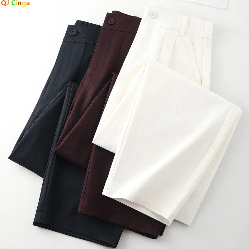 سراويل كاجوال نسائية باللون الأبيض الفاتح، سراويل حريم بطيات عالية الخصر للخريف الجديد، مقاسات آسيوية، سراويل مطاطية باللون الأزرق الداكن، S-XXXL.